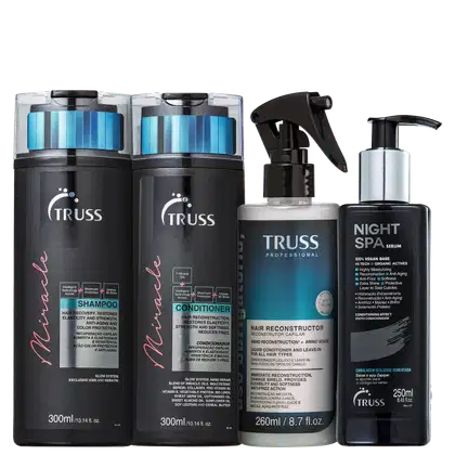 A imagem mostra uma linha de produtos para cabelo da marca TRUSS. Há dois frascos pretos de shampoo e condicionador. Também há um frasco branco de 260ml com um sérum noturno para reconstrução capilar e um borrifador preto com um produto leave-in.