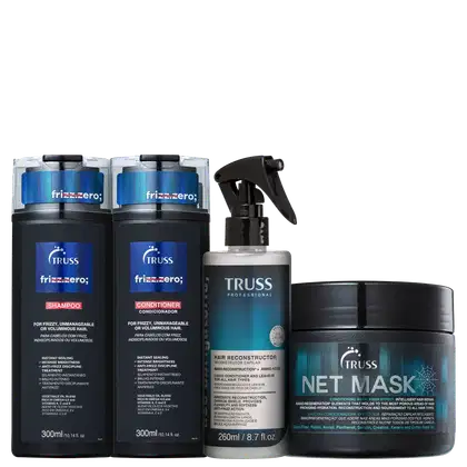 A imagem mostra uma linha de produtos para cabelos frizzy e volumosos da marca Truss. Shampoo e condicionador Frizz Zero, Uso Obrigatório e NET Mask.