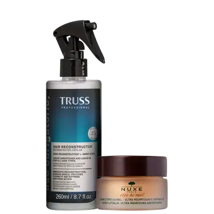 A imagem mostra um frasco plástico transparente com um spray preto contendo um líquido azul claro. O frasco tem o rótulo "TRUSS Professional Hair Reconstructor". Ao lado, há um pequeno pote de cor bege com o rótulo "NUXE rêve de miel Honey Lip Balm"