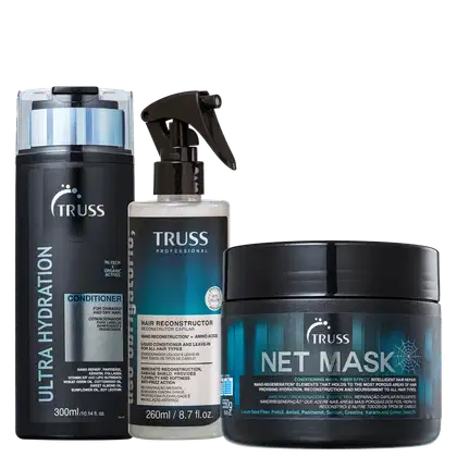 A imagem mostra três produtos de cuidados capilares da marca TRUSS. Um condicionador Ultra Hydration, um Uso Obrigatório e uma máscara capilar NET Mask.