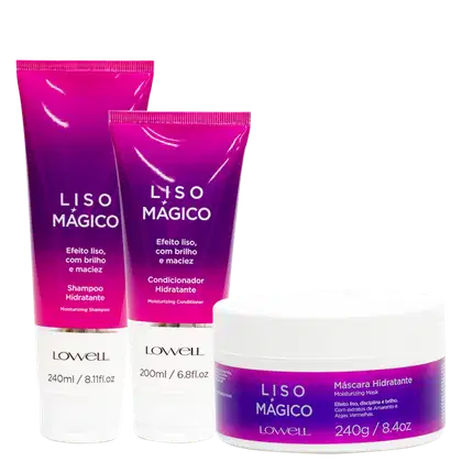 Produtos de cuidados capilares da linha Liso Mágico da marca Lowell. Dois frascos plásticos rígidos na cor rosa vibrante, um shampoo hidratante e um condicionador. Também um pote plástico branco de 240g contendo uma máscara hidratante para cabelos lisos.