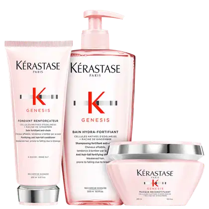Kit com shampoo, condicionador e máscara capilar Genesis, da marca Kerastase.
