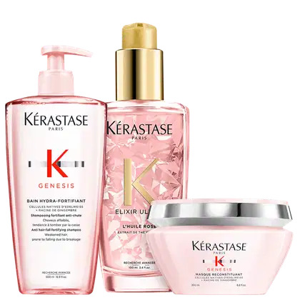 Kit com shampoo e máscara Genesis, além de óleo capilar Elixir Rose.