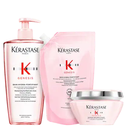 Kit com shampoo, refil de shampoo e máscara Genesis, da marca Kerastase.