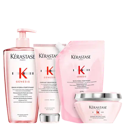 Kit com shampoo, refil de shampoo, condicionador e máscara capilar Genesis, da marca Kerastase.