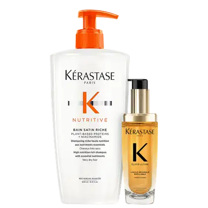 Kit com shampoo Nutritive e óleo capilar Elixir Ultime, da marca Kerastase.