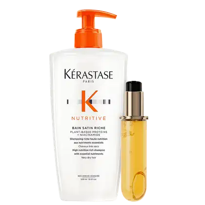 Kit com shampoo Nutritive e refil do óleo capilar Elixir Ultime, da marca Kerastase.
