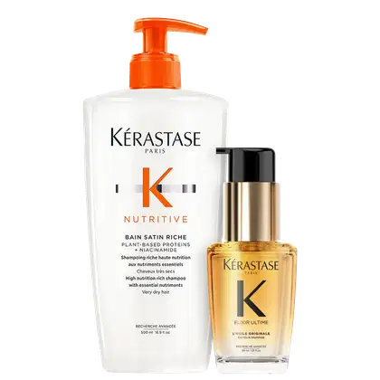 Kit com shampoo Nutritive e óleo capilar Elixir Ultime, da marca Kerastase.