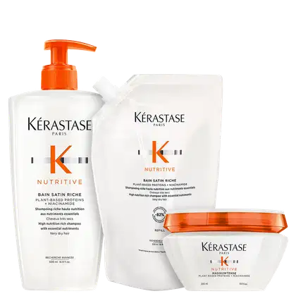 Kit com shampoo, refil de shampoo e máscara capilar Nutritive, da marca Kerastase.