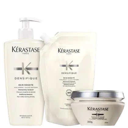 Kit com shampoo, refil de shampoo e máscara capilar Densifique, da marca Kerastase.