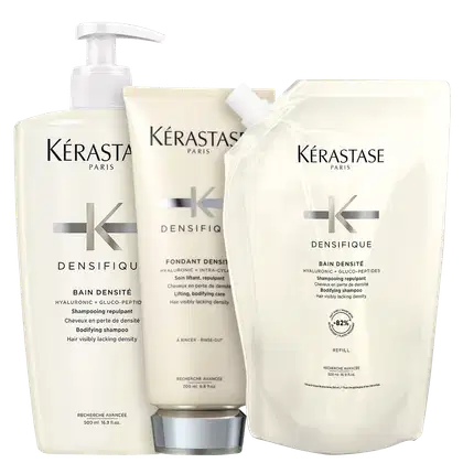 Kit com shampoo, refil de shampoo e condicionador Densifique, da marca Kerastase.