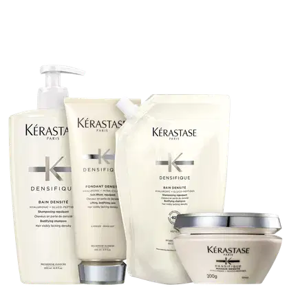 Kit com shampoo, refil de shampoo, máscara e condicionador Densifique, da marca Kerastase.