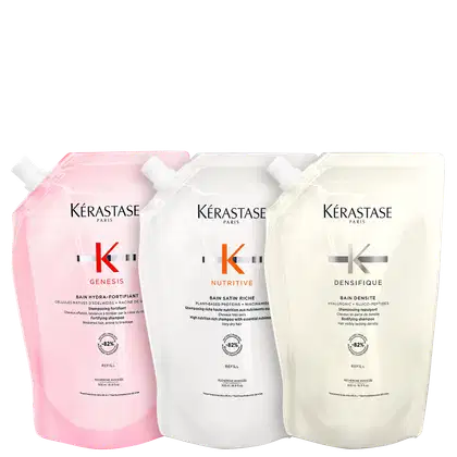 Kit com refil de shampoo Genesis, refil de shampoo Nutritive e refil de shampoo Densifique, todos da marca Kérastase.