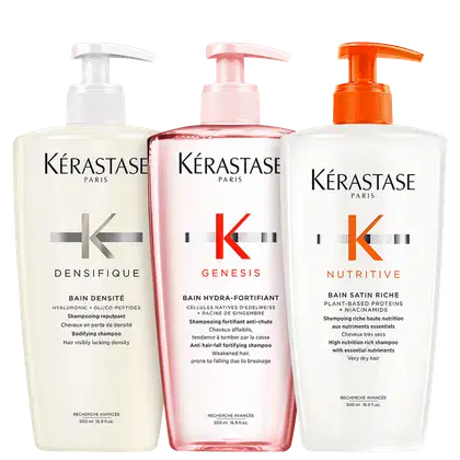 Kit com shampoo Genesis, shampoo Nutritive e shampoo Densifique, todos da marca Kérastase.