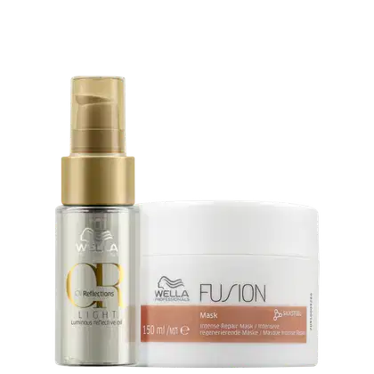 Kit com máscara Fusion e óleo capilar Oil Reflections Lights, da marca Wella Professionals.