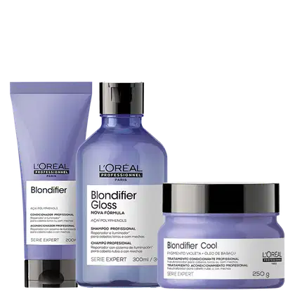 A imagem mostra três produtos da linha Blondifier da L'Oréal Professionnel para cabelos loiros ou com mechas.