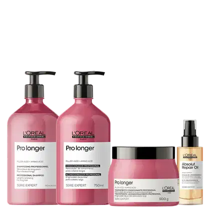 A imagem mostra quatro produtos da linha Pro Longer da L'Oréal Professionnel. Todos os produtos exibem o logotipo e nome da marca L'Oréal Professionnel, bem como informações sobre as suas ações.