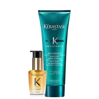 A imagem mostra dois produtos da marca Kérastase: o óleo capilar Elixir Ultime Originale com embalagem transparente e líquido dourado e o shampoo Resistance com embalagem verde escuro com detalhes em branco.