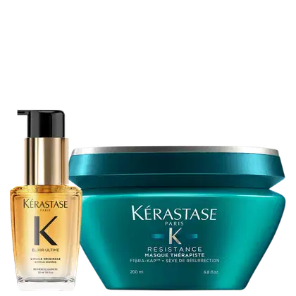A imagem mostra dois produtos da marca Kérastase> frasco dourado de óleo capilar chamado "Elixir Ultime L'huile Originale", com uma bomba dosadora preta. O outro é uma máscara com embalagem azul-esverdeada, chamada Resistance Masque Therapiste.