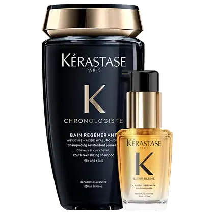 A imagem mostra dois produtos da marca Kérastase.: um frasco preto de shampoo com tampa dourada, rotulado "Chronologiste Bain Régénérant"  e ao lado, um frasco âmbar de óleo capilar "Elixir Ultime L'huile Originale" com tampa dourada.