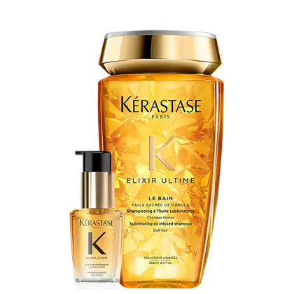 Produtos de cuidados capilares Kérastase Elixir Ultime. As embalagens apresentam o logotipo Kérastase em preto e detalhes em dourado.
