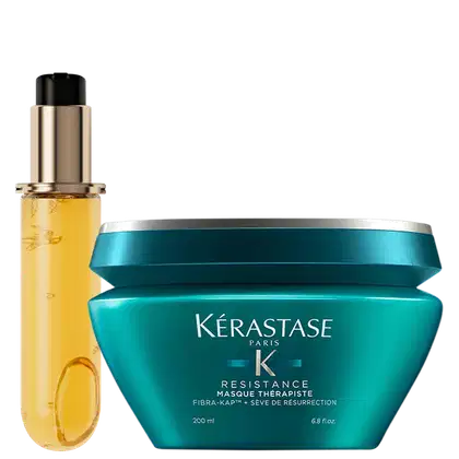 A imagem mostra um frasco de vidro âmbar contendo refil do óleo capilar Elixir Ultime e um pote redondo verde-azulado com a marca Kérastase e o nome "Resistance Masque Therapiste" impresso.