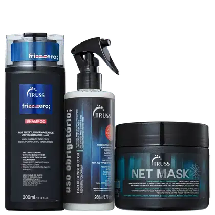 A imagem mostra três produtos de cuidados capilares da marca TRUSS. O primeiro é um shampoo em um frasco plástico, o segundo é um condicionador líquido em um frasco com borrifador, o terceiro é uma máscara capilar em um pote preto.