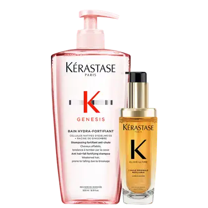 Kit Kérastase Genesis Elixir Ultime L'Huile Originale Refillable, com 2 produtos, um shampoo e um óleo refilável capilar.