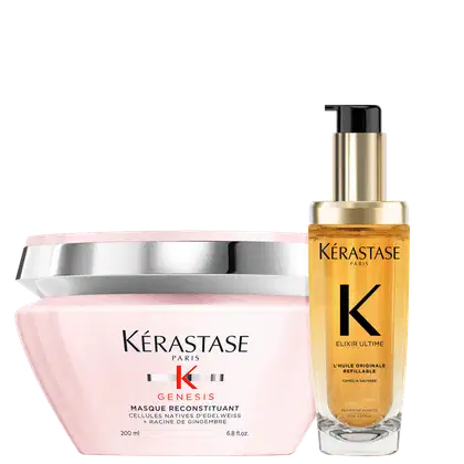 Kit Kérastase Genesis Reconstituant Elixir Ultime Refillable, com 2 produtos, uma máscara e um óleo refilável capilar.