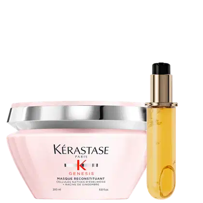 Kit Kérastase Genesis Reconstituant Elixir Ultime Refillable, com 2 produtos, uma máscara e um óleo refil capilar.