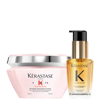 Kit Kérastase Genesis Reconstituant Elixir Ultime Refillable, com 2 produtos, uma máscara e um óleo miniatura capilar.