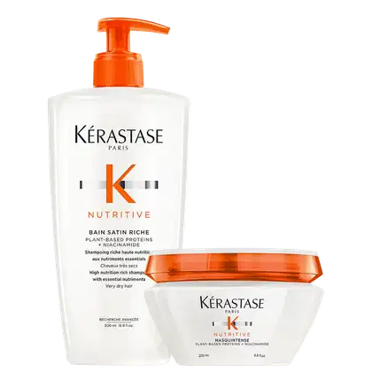 Kit com shampoo e máscara capilar Nutritive, da marca Kerastase.