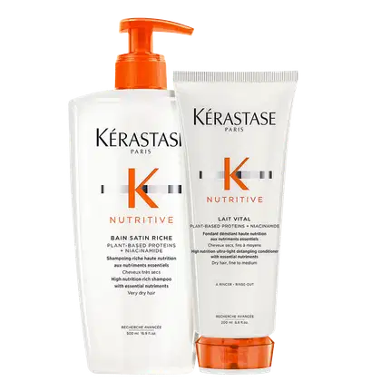 Kit com shampoo e condicionador Nutritive, da marca Kerastase.