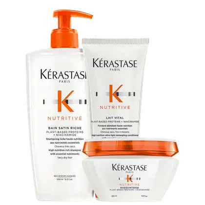 Kit com shampoo, condicionador e máscara Nutritive, da marca Kerastase.