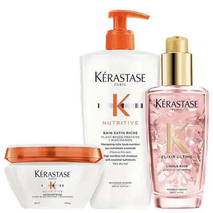 Kit com shampoo e máscara capilar Nutritive, óleo capilar Elixir Ultime Rose, da marca Kerastase.