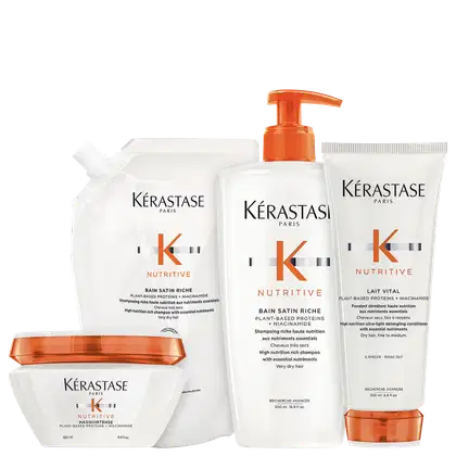Kit com shampoo, refil de shampoo, condicionador e máscara Nutritive, da marca Kerastase.