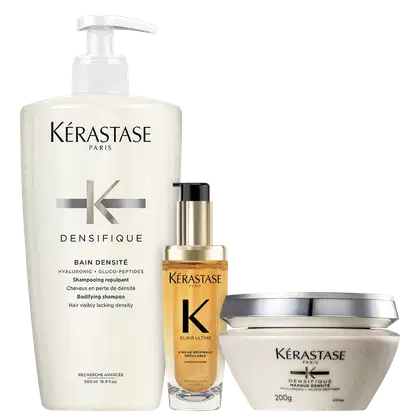 Kit com shampoo e máscara Densifique, e óleo Elixir Ultime L'Huile Originale, da marca Kerastase.