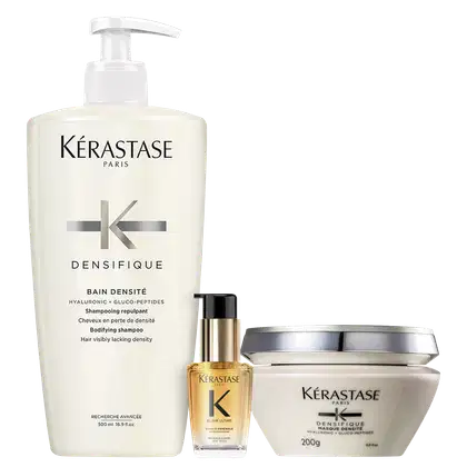 Kit com shampoo e máscara Densifique, e óleo Elixir Ultime L'Huile Originale, da marca Kerastase.