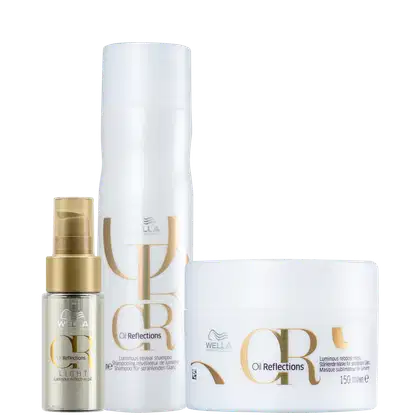 Kit Wella Professionals Oil Reflections Trio Shine Light, com shampoo, máscara e óleo capilar.