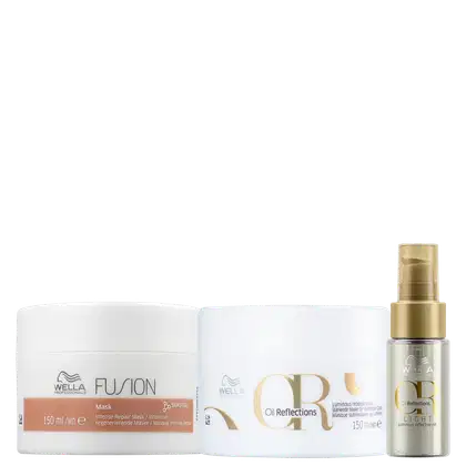 Kit Wella Professionals Oil Reflections Fusion Trio Light , com uma máscara Oil Reflections, uma máscara Fusion e um óleo Oil Reflections Light