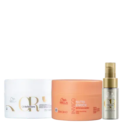 Kit Wella Professionals Oil Reflections Invigo Trio Nutri, com uma máscara Oil Reflections, uma máscara Invigo e um óleo Oil Reflections Light
