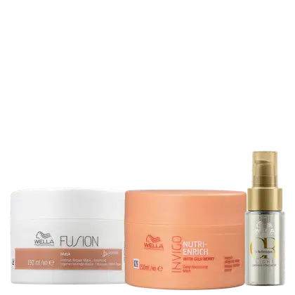 Kit Wella Professionals Fusion Invigo Trio Light, com uma máscara Invigo, uma máscara Fusion e um óleo Oil Reflections Light
