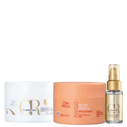 Kit Wella Professionals Oil Reflections Invigo Trio, com uma máscara Invigo, uma máscara Oil Reflections e um óleo Oil Reflections