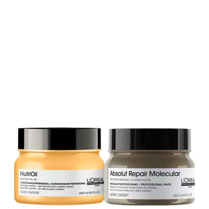 Kit L'Oréal Professionnel Absolut Repair Molecular + NutriOil Masks, com máscara capilar Absolut Repair Molecular e máscara capilar NutriOil, da marca  L'Oréal Professionnel
