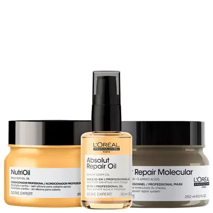 Kit com máscara capilar Absolut Repair Molecular, máscara capilar NutriOil e óleo capilar Absolut Repair Oil, da marca  L'Oréal Professionnel