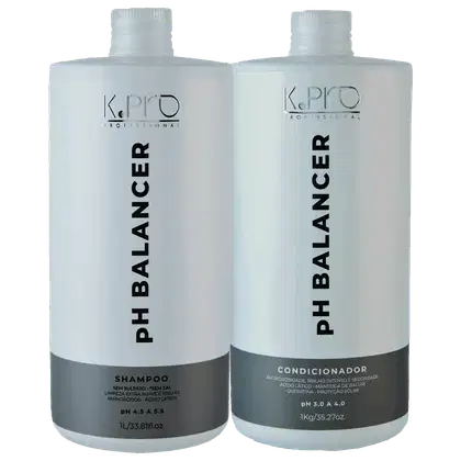 A imagem mostra dois frascos de produtos de cabelo da marca K.Pro Professional. O frasco da esquerda é um shampoo com pH entre 4.5 e 5.5, enquanto o frasco da direita é um condicionador com pH entre 3.0 e 4.0.