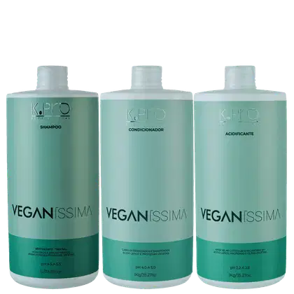 A imagem mostra três frascos de produtos de cabelo da linha Veganíssima da marca K.Pro. Os produtos são identificados como shampoo, condicionador e acidificante, indicando que se trata de uma linha de tratamento para cabelos.