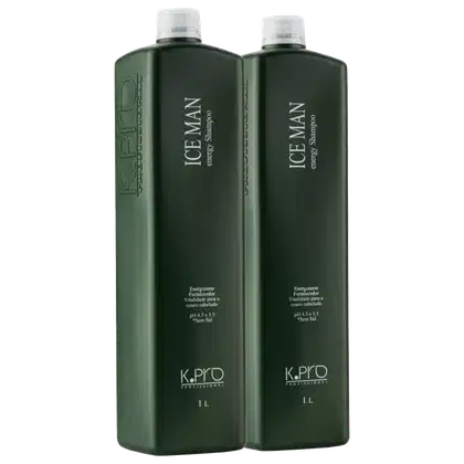 O produto apresentado na imagem são dois frascos de shampoo da marca K.Pro. Os frascos possuem um design retangular e são predominantemente na cor verde escura, com o nome da marca e do produto "Ice Man" impressos em branco.