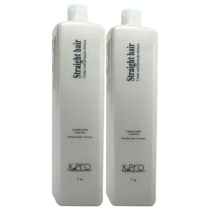 O produto apresentado na imagem são dois frascos de 1 kg da linha de produtos de cabelo da marca K.Pro. Os frascos são brancos e possuem rótulos com o nome do produto "Straight hair" e informações sobre suas propriedades.