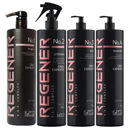 A série de produtos de beleza K.Pro é apresentada em embalagens pretas com detalhes em rosa. Há quatro frascos com bombas doseadoras, cada um com um número (1, 2, 3 e 4) e um rótulo indicando o tipo de produto, como "Purify", "Strong", "Acid" e "Sensory".